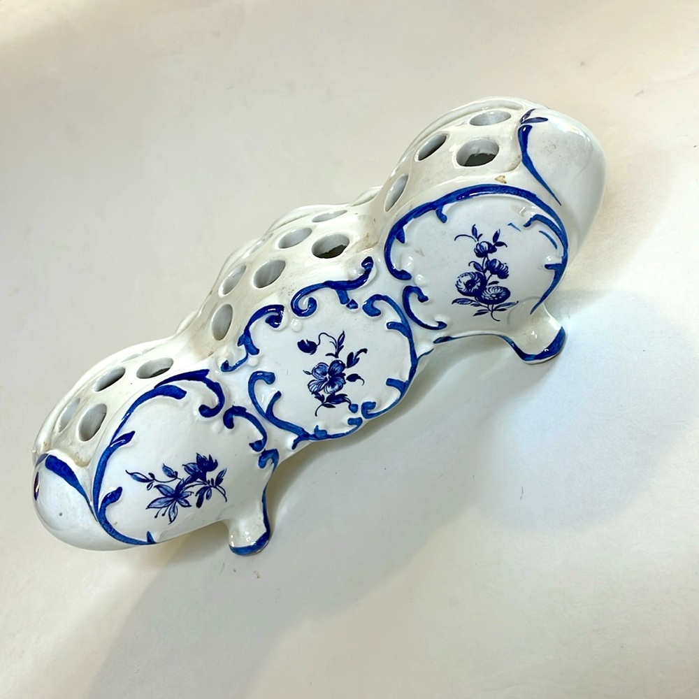 Vintage Delftware Blue&White Glazed Earthenware Floral Motif Flower Holder Vase